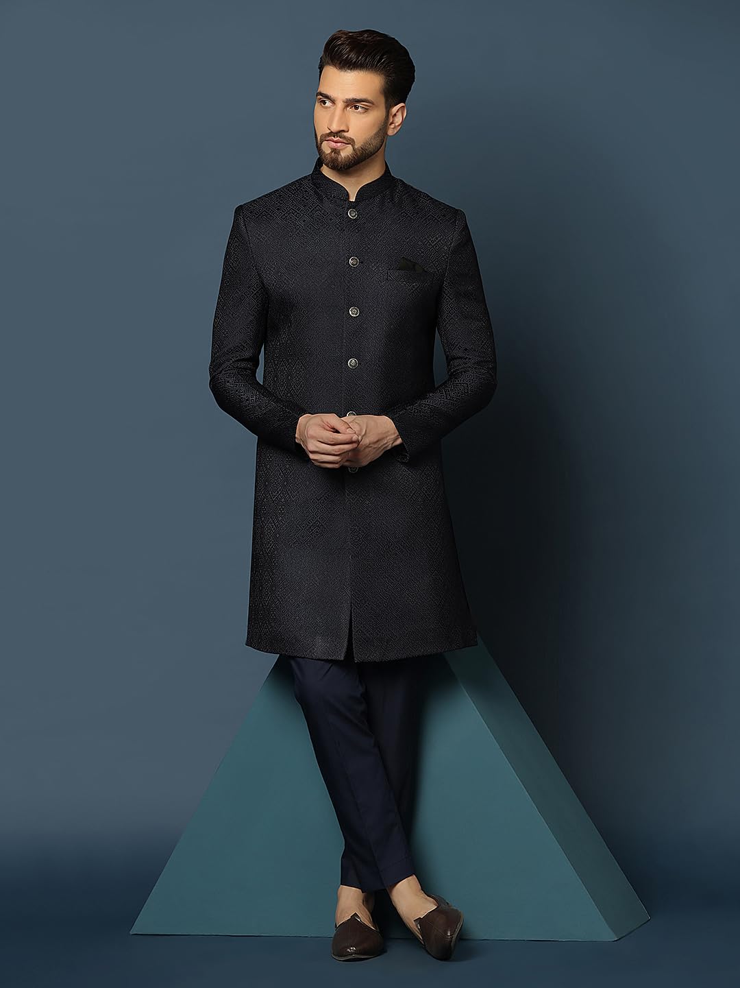 KISAH Men's Navy Blue Sherwani Trousers Set, Cotton Full Sleaves, Knee Length, Straight, Regular Fit, Mandarin Collar Ethnic Wear