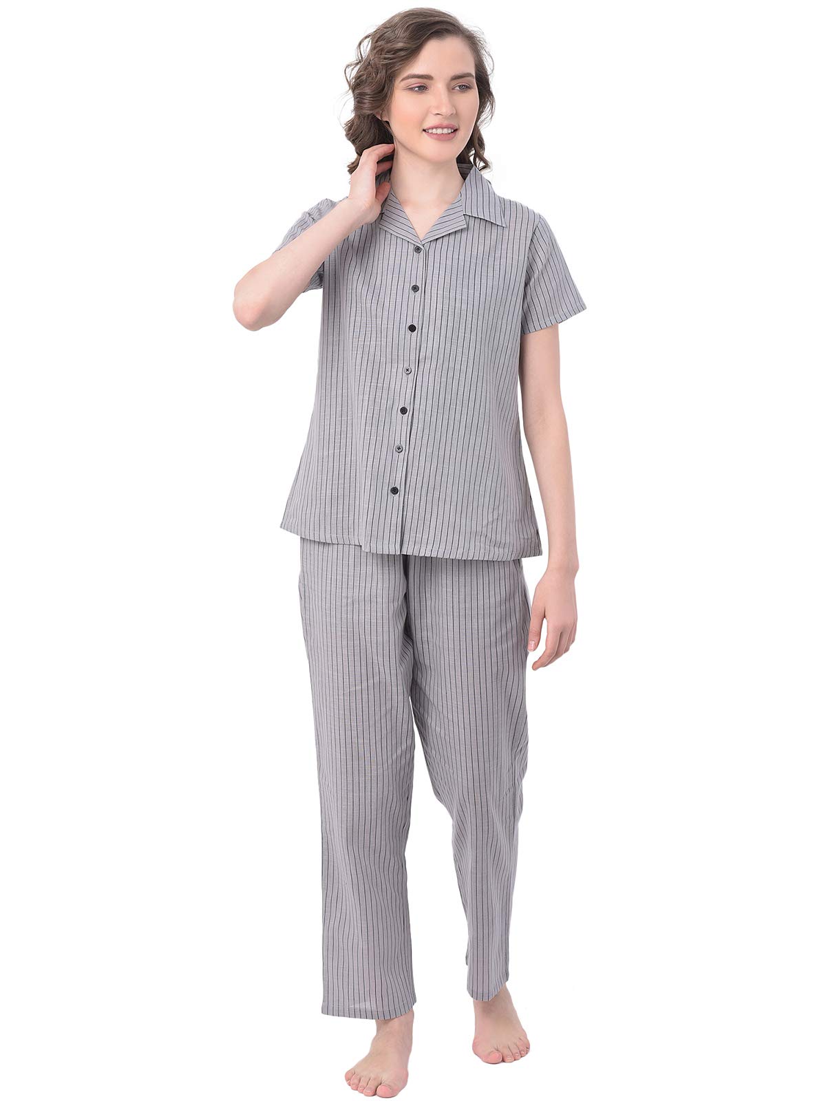 Clovia Women's Cotton Striped Ankle Length Casual Regular Shirt and Pyjama (LS0385P01XL_Grey_XL)