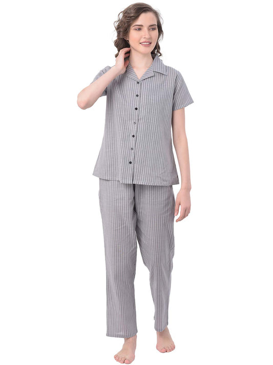 Clovia Women's Cotton Striped Ankle Length Casual Regular Shirt and Pyjama (LS0385P01XL_Grey_XL)