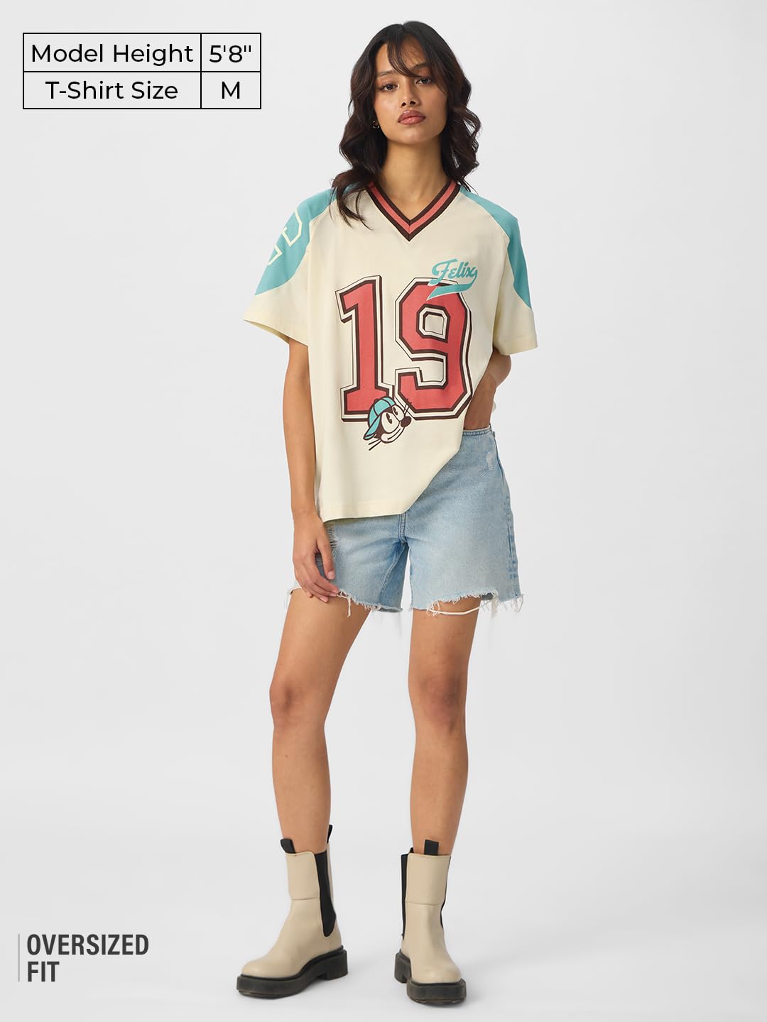 The Souled Store Felix The Cat: Feline Force Women and Girls Short Sleeve Round Cotton Oversized T-Shirts Off White