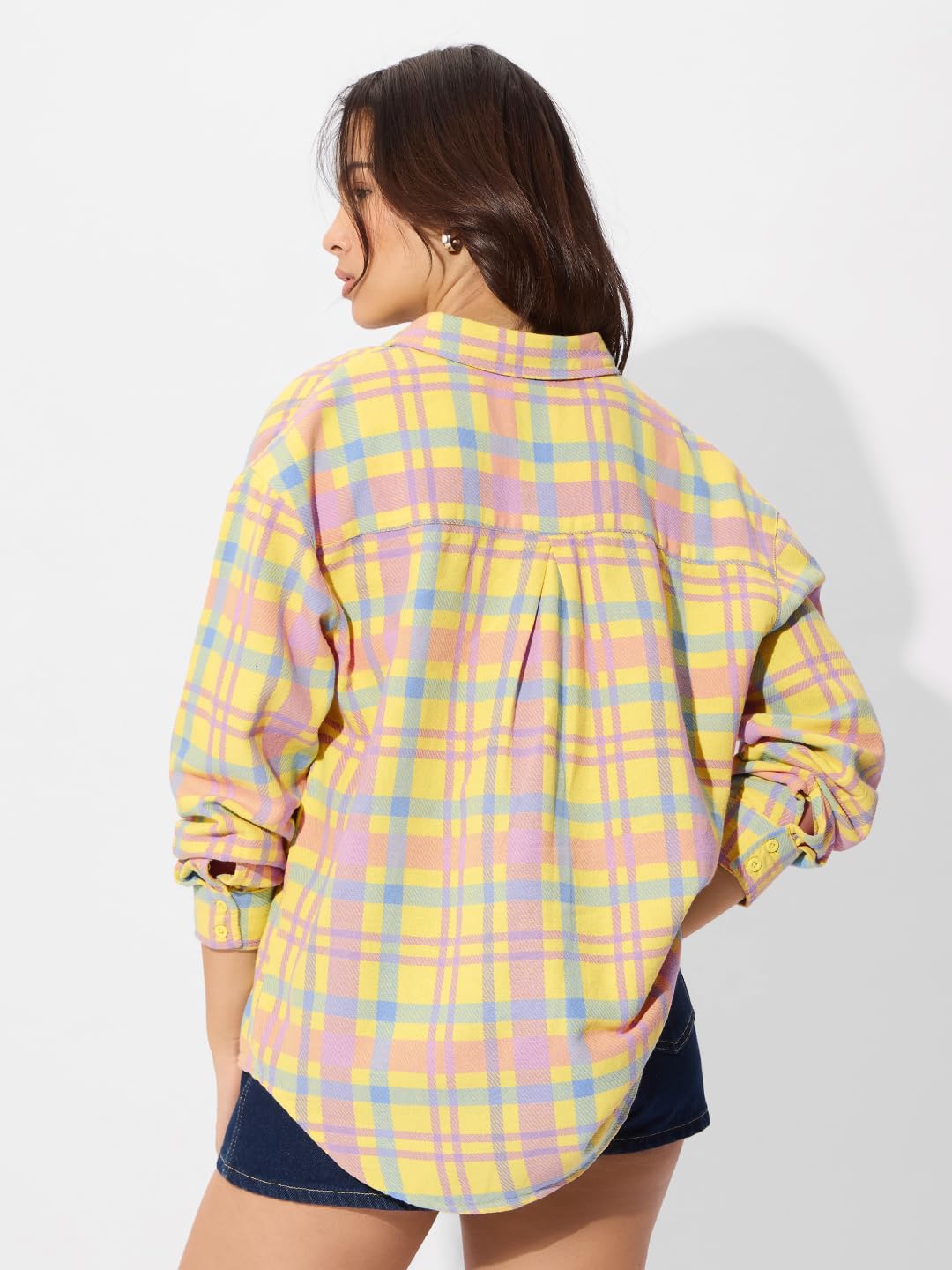 The Souled Store Plaid: Citron Women and Girls Long Sleeve Collared Neck Button Down Boyfriend Shirts Womens Boyfriend Shirts Casual Button-Down Full Sleeve Solid Short Sleeve Casual Workwear