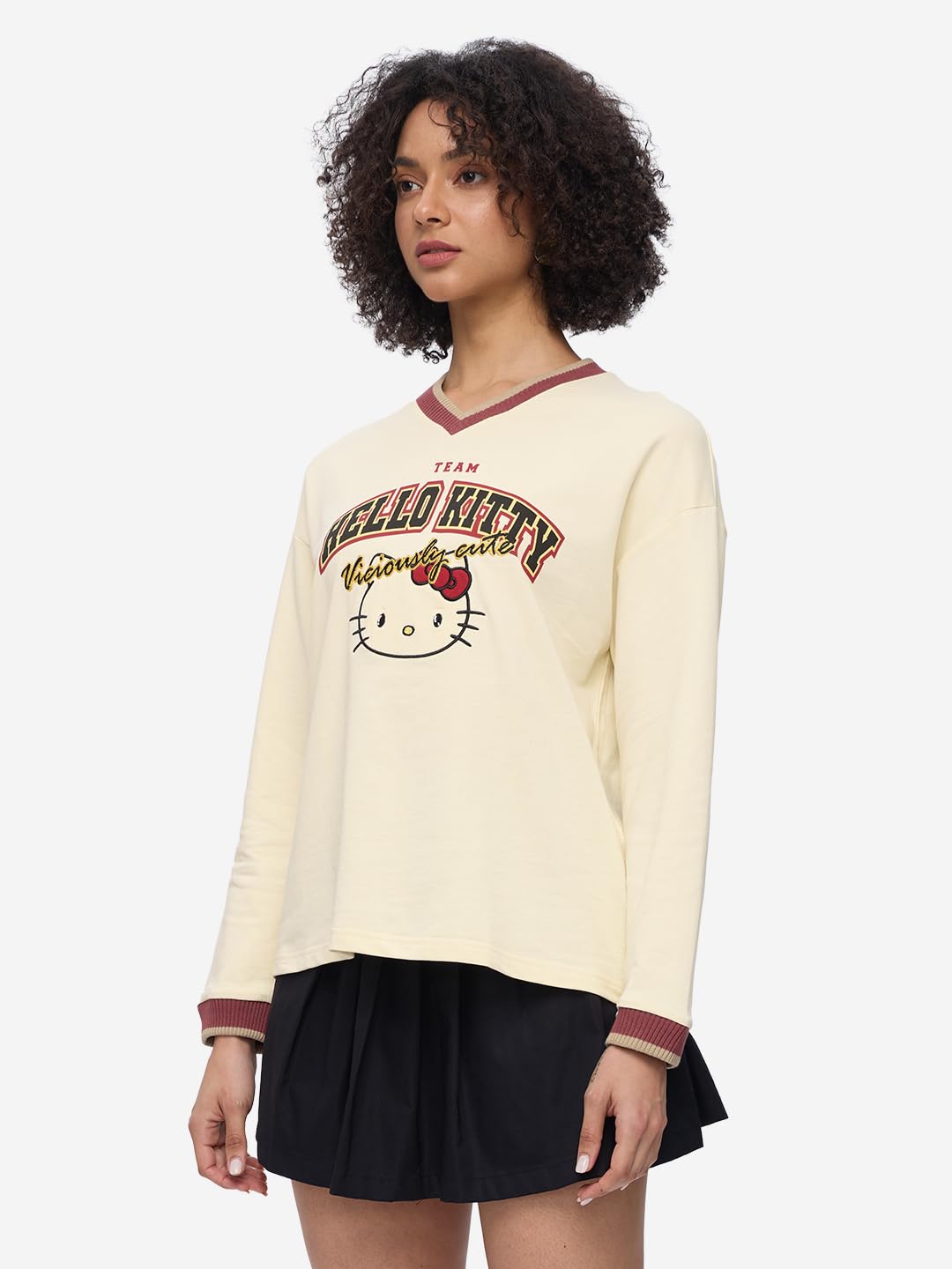 The Souled Store Hello Kitty: Viciously Cute Women and Girls V Neck Off White Graphic Printed Cotton Oversized Full Sleeves Tops