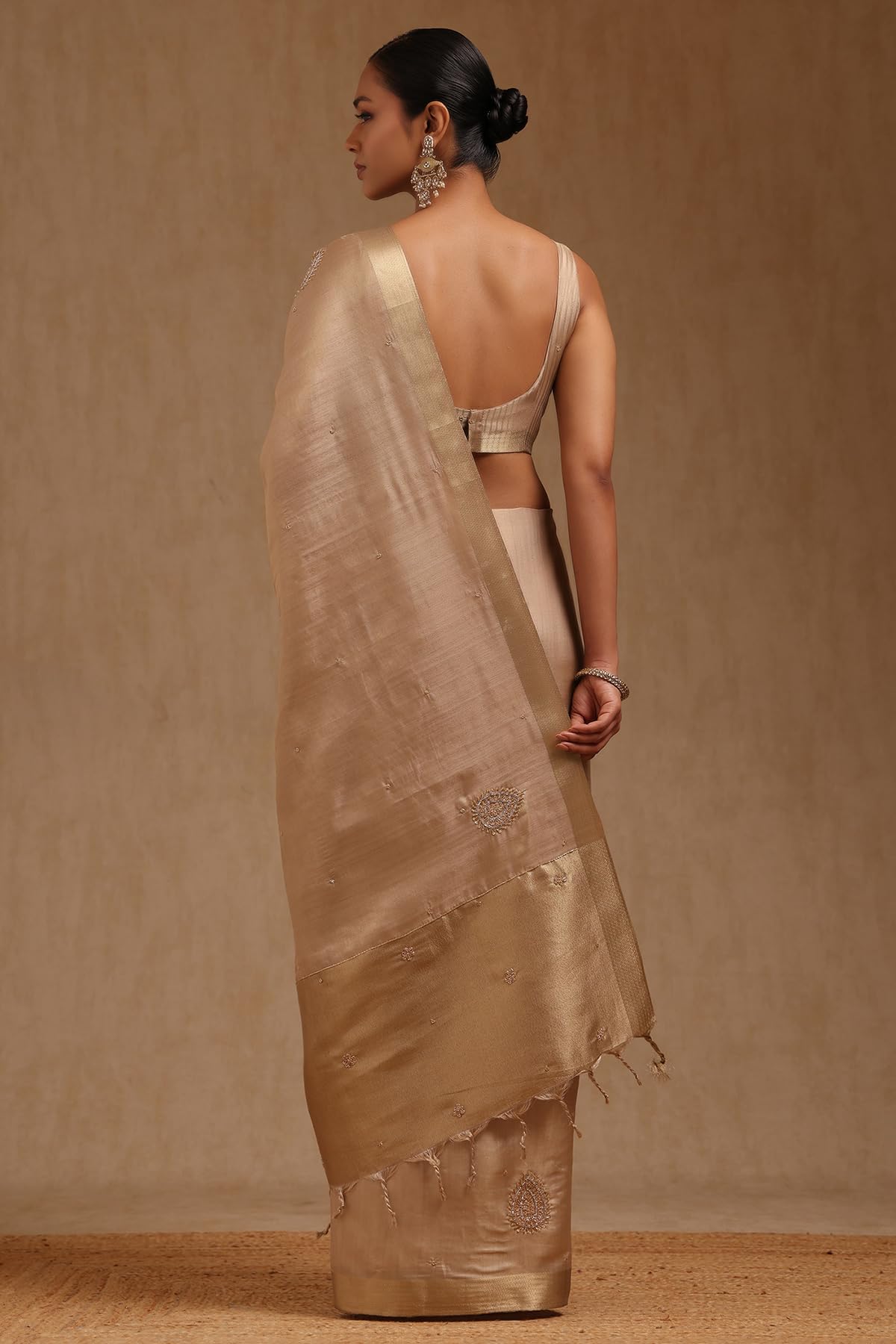 Soch Womens Beige Tussar Solid Saree With Cutdana