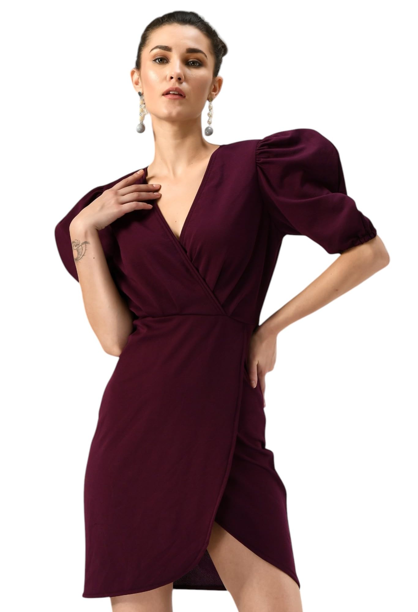 IUGA Wine Women's Puff Sleeve V-Neck Bodycon Casual Mini Dress