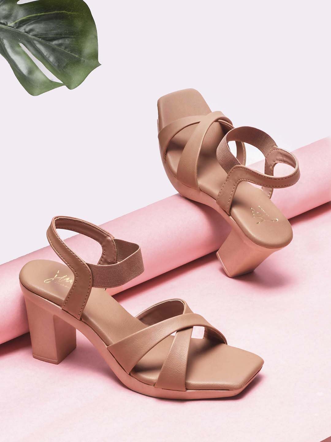 JM LOOKS Stylish Fancy Block Heel Sandal with Ankle Strap for Women & Girls | Casual Women Heel Sandals Peach