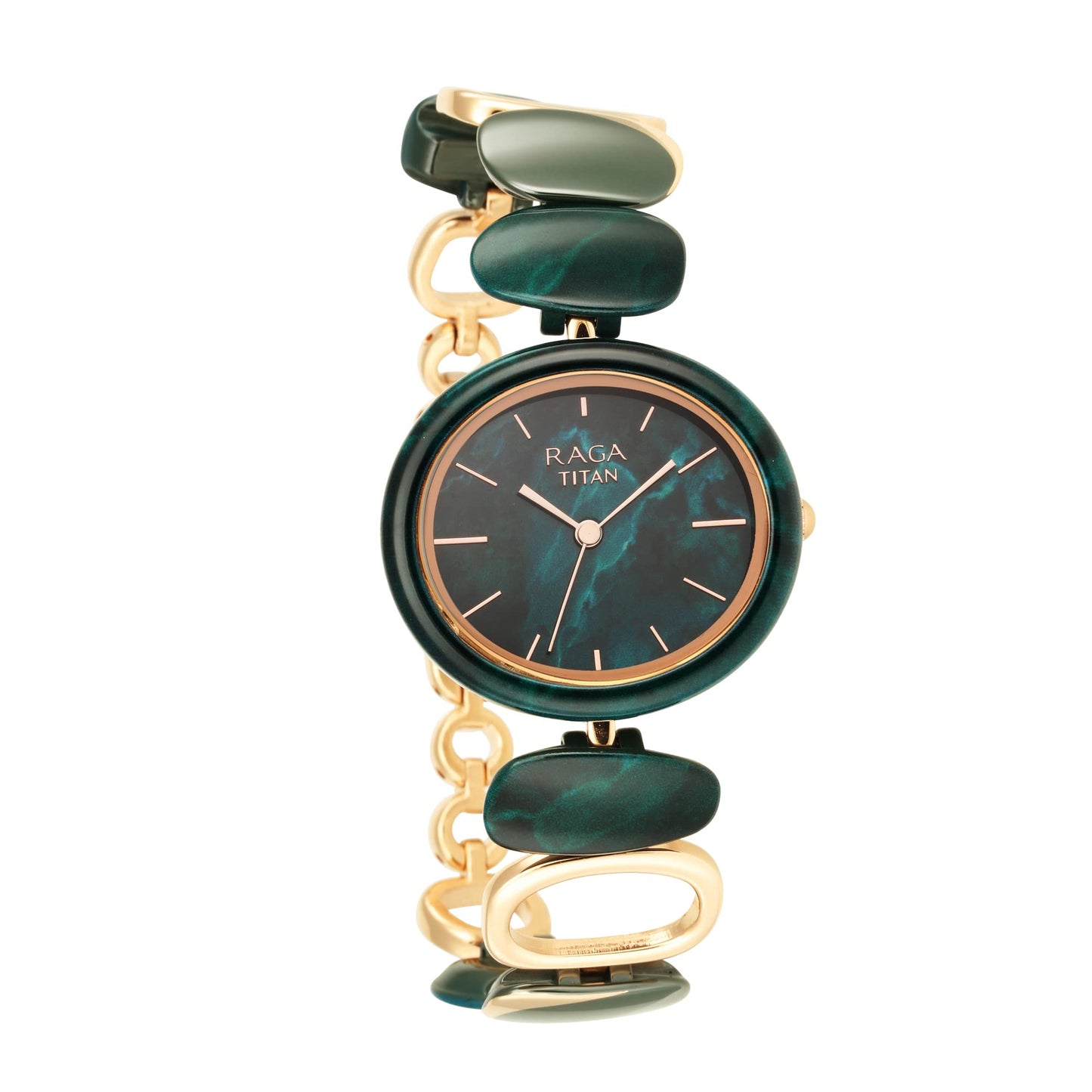 Titan Raga Ceramics Quartz Analog Green Dial Two Toned Rose Gold and Green Metal Strap Watch for Women - NS95146KD02