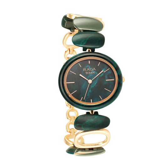 Titan Raga Ceramics Quartz Analog Green Dial Two Toned Rose Gold and Green Metal Strap Watch for Women - NS95146KD02