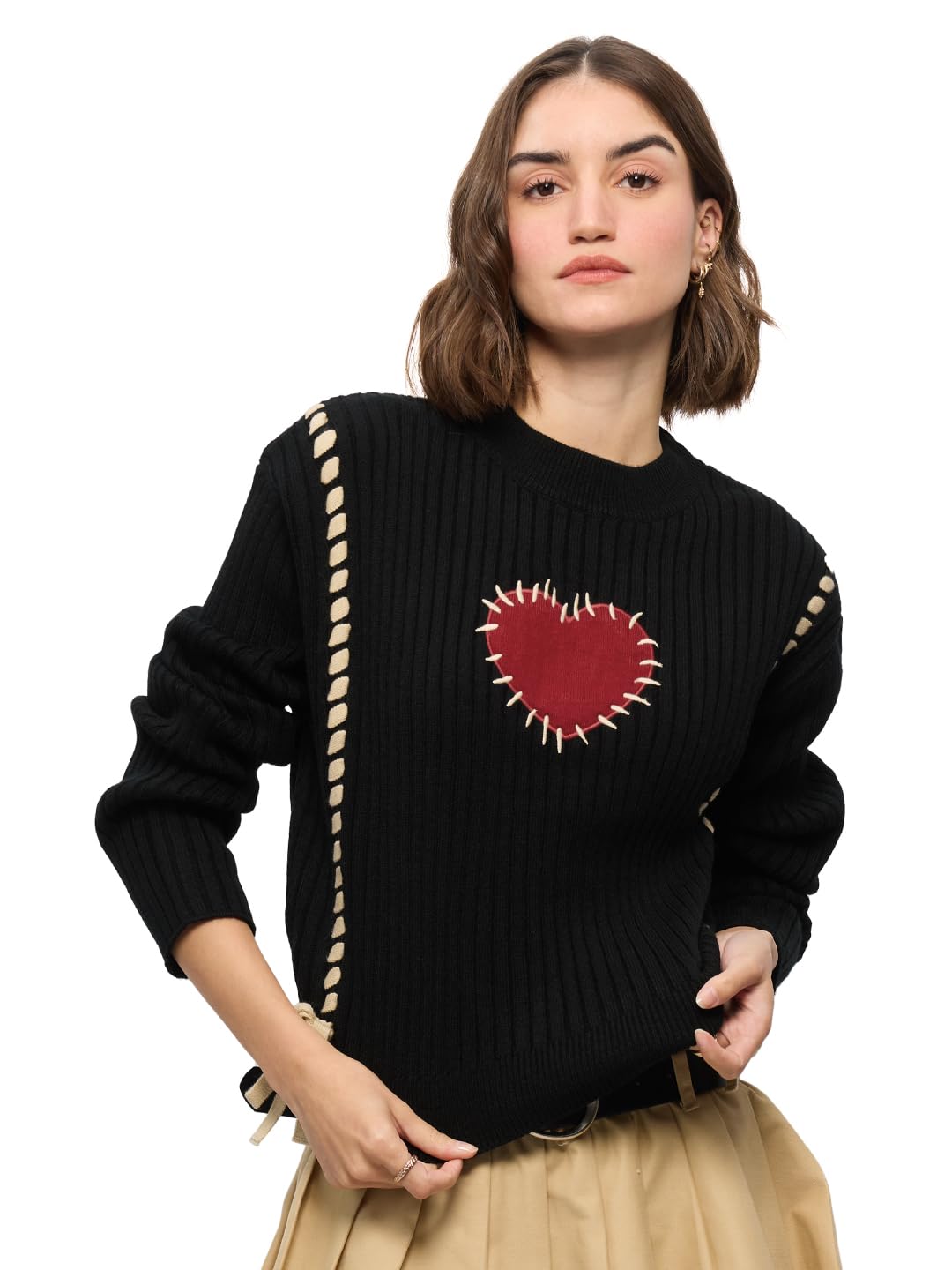 The Souled Store Knitted Sweater : Heartbreaker Women Oversized Sweater Black