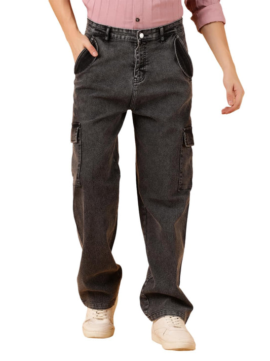 KOTTY Men's Solid Straight Fit Comfortable Cargo Jeans(Grey,32)