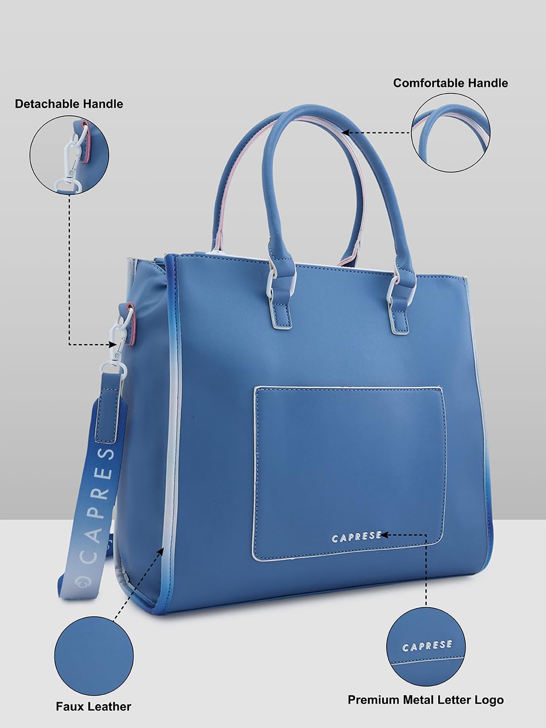 Caprese Vivian Tote Medium Blue Bag for Women|Adjustable & Detachable, Stylish, Durable, Multi-Compartment Design for Work, Travel, Shopping with Back Zip| Large Capacity, Comfortable Straps.