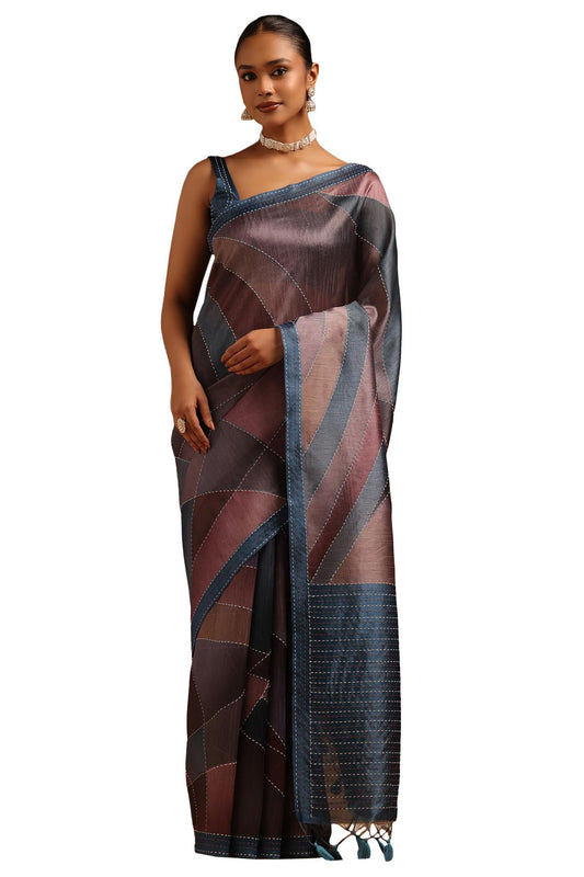 Soch Womens Blue Tussar Abstract Saree With Thread Work