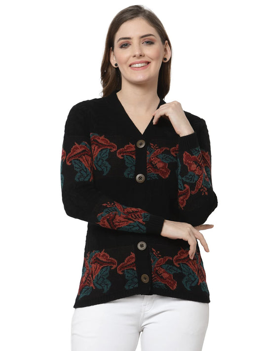 Kalt Women Sweater for Winter Woolen Acrylic Full Sleeves V Neck Floral Design Cardigan Sweater for Women Winter Woollen Stylish(Black;3XL)