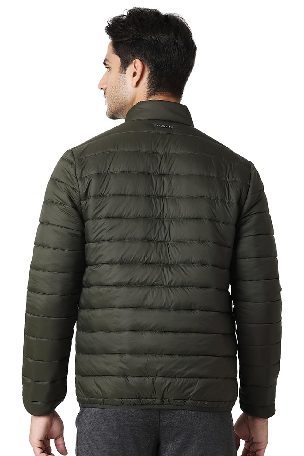 Van Heusen Men Athleisure Extra Warm Woven Long Length Jacket - 100% Nylon - High Neck, Zip Front, Sleeveless_80006_Military Green_M