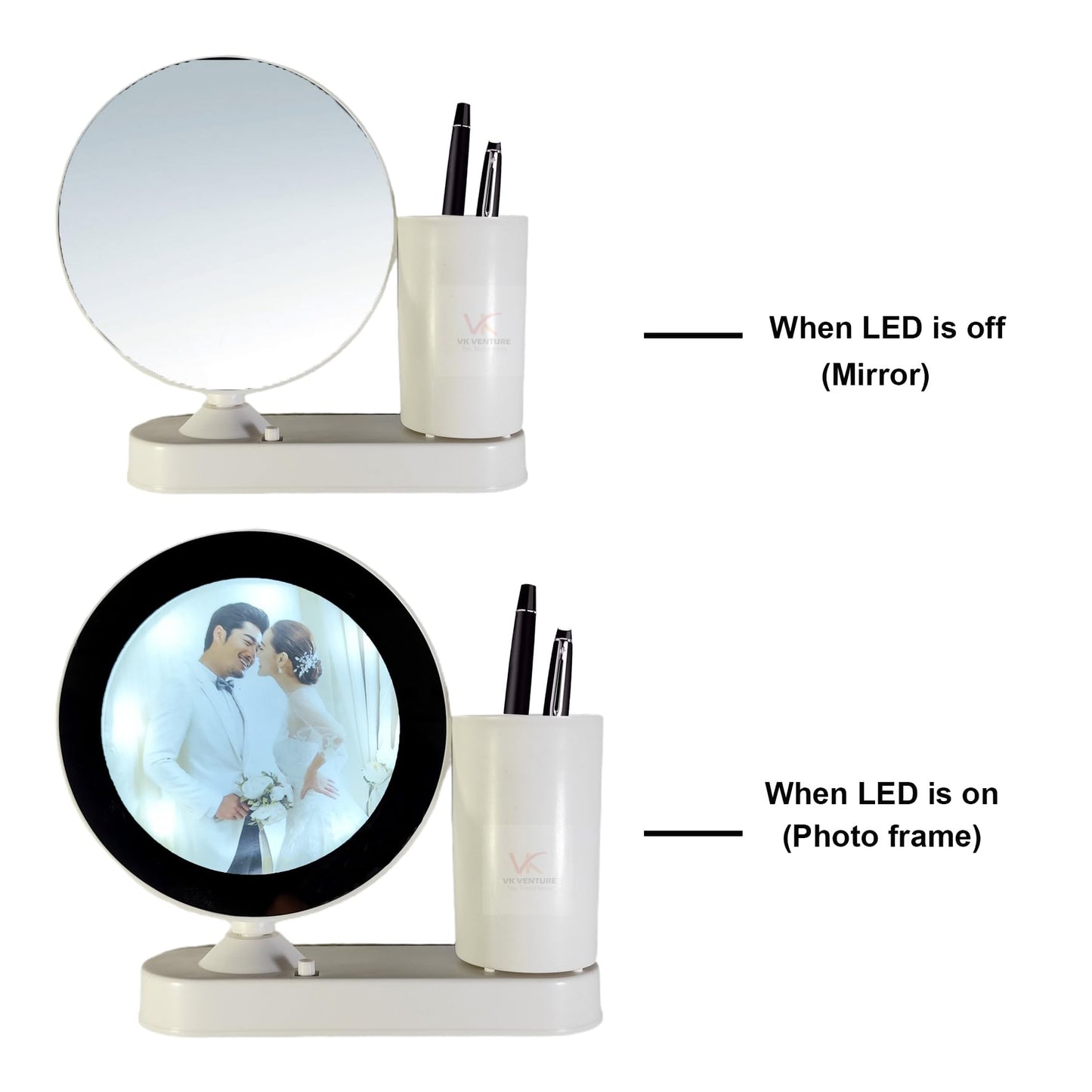 VK VENTURE Plastic Customized Round LED Magic Mirror Photo Frame Tabletop with Pen Stand Personalized LED Light Picture Frame for Desk Gifts (warm white Light Round Shaped) 18 x 18 cm