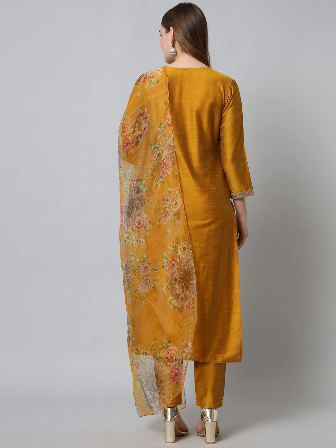 VredeVogel Women's Embroidered Floral Cotton Silk Blend Kurta Pant and Dupatta Set (Mustard_X-Large)