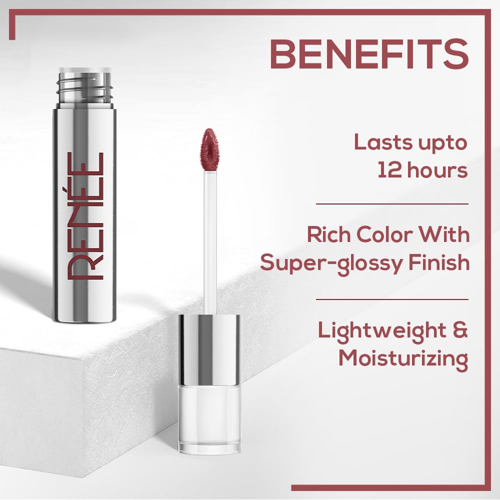 RENEE Gloss Stay Transfer Proof Glossy Liquid Lip Color - Nude Sia | High Pigment | Super Glossy | Smudge-Proof | Waterproof | 12H Stay | Enriched with Vitamin E & C | 3.5ml