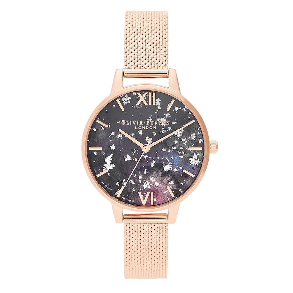 Olivia burton Celestial Qtz Basic Black & Resin & Ss Glitter Round Dial Women's Watch|Ionic Plated Rose Gold Steel Material|Gold Color Band - OB16GD33