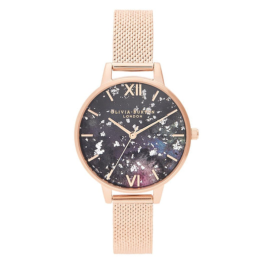 Olivia burton Celestial Qtz Basic Black & Resin & Ss Glitter Round Dial Women's Watch|Ionic Plated Rose Gold Steel Material|Gold Color Band - OB16GD33