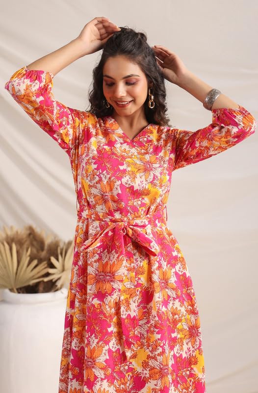 Janasya Women's Multicolour Cotton Floral A-Line Dress(JAA24DR00104-L)