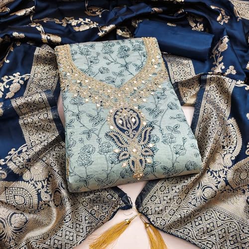 Leeli Peeri Designer Women's Chanderi Print With Embroidery Work Unstitched Salwar Suit Dress Material