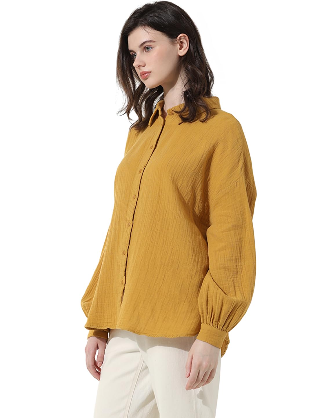 ONLY Women's Solid Oversized Fit Shirt (15334564-Harvest Gold_Harvest