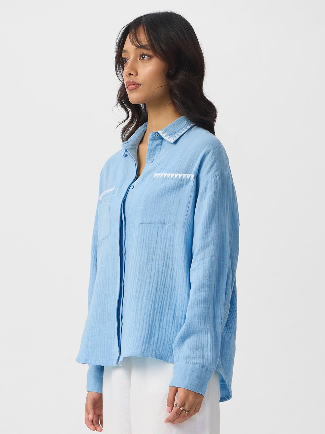 The Souled Store Textured Shirt: Sky Blue Women and Girls Long Sleeves Collared Neck Button Front Polyester Boyfriend Shirts