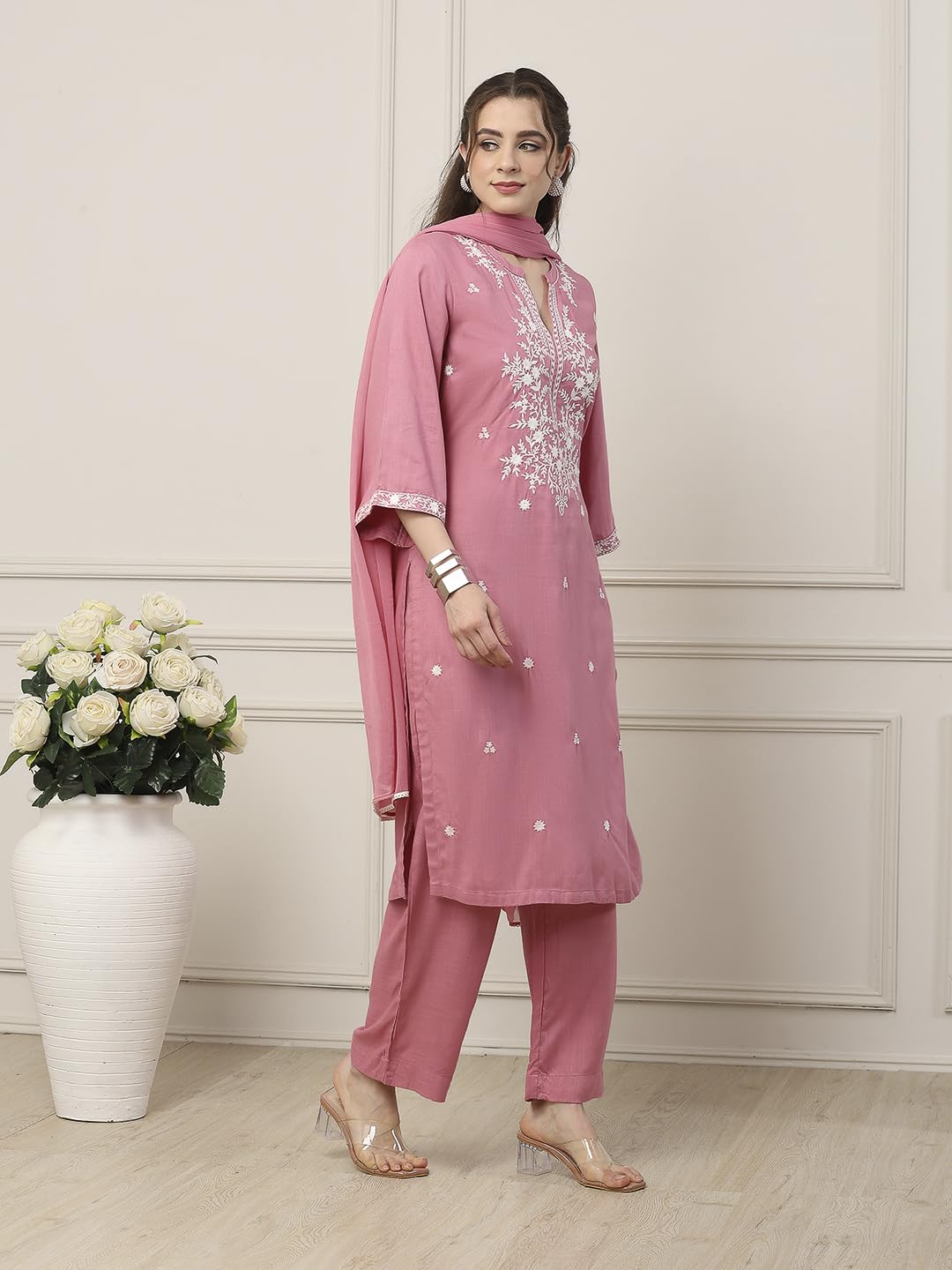 Biba Women Pink Viscose Rayon Straight Suit Set_34