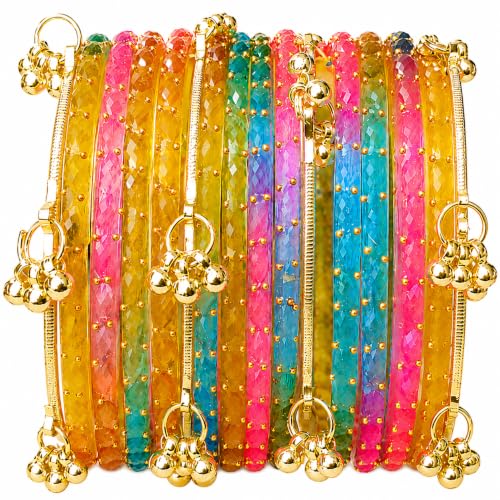 JPS 16 Pcs Trendy Stylish Raindrop Glass & Kashmiri Ghungroo Bangles Set for Women & Girls | Gold-Plated Traditional Festive Wedding Party Jewellery Chudi Set (12 Glass + 4 Metal) (Multi Super, 2-8 Combo)