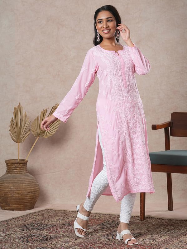 Ada Hand Embroidered Lucknowi Chikankari Cotton Straight Kurta Kurti for Women A411680 Pink (2XL)