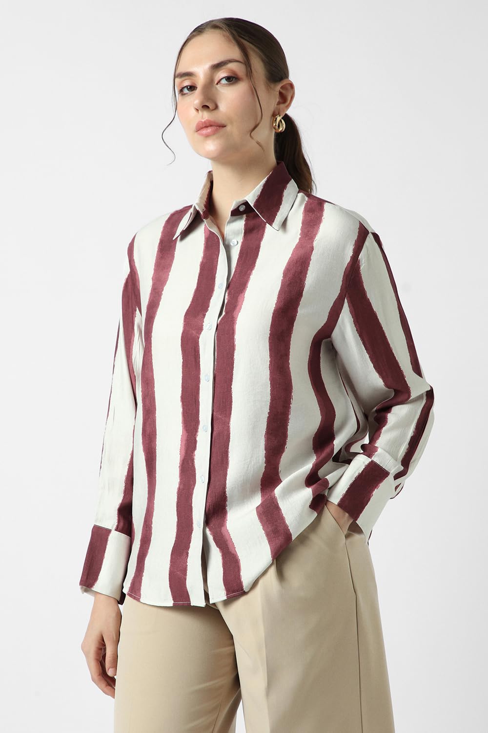 Women Maroon Stripe Long Sleeves Casual Shirt