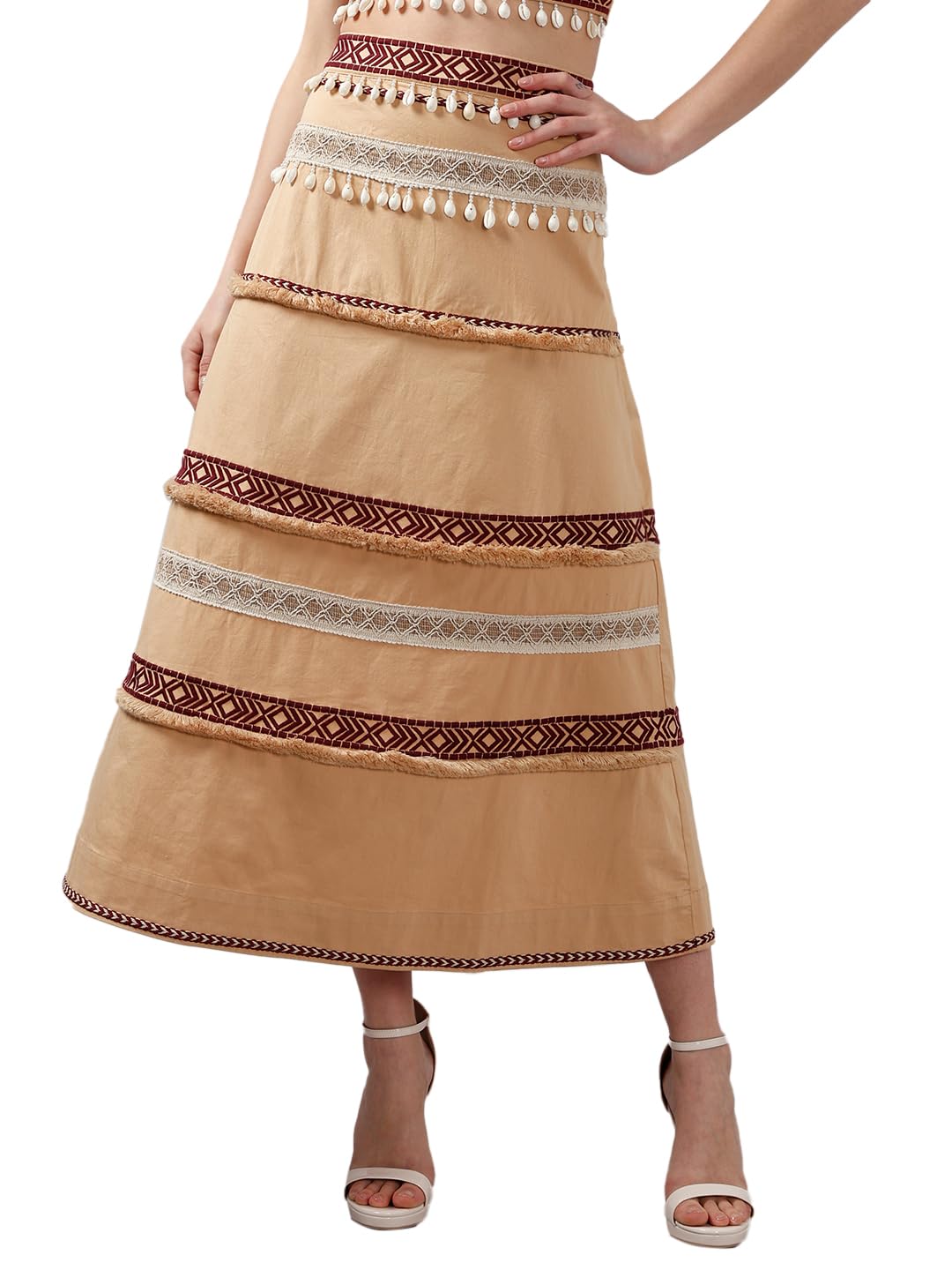 VERO MODA Women's Flared High Rise Beige Skirt