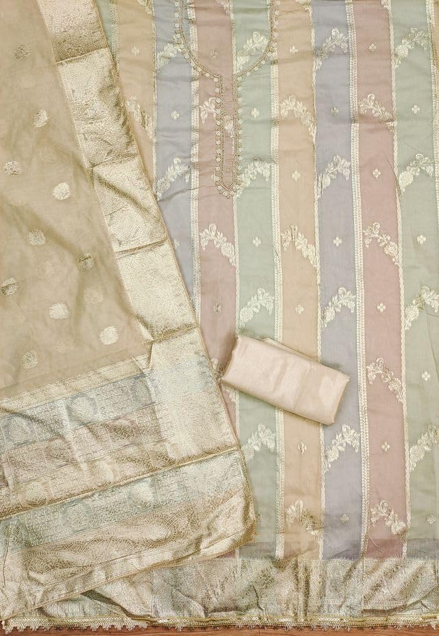 VARNI FABRICS Jacquard With Neck handwork Dress Material for Women Striped Unstitched Woman Salwar Suit Dress Material With Jacquard Dupatta Pastel Multicolors