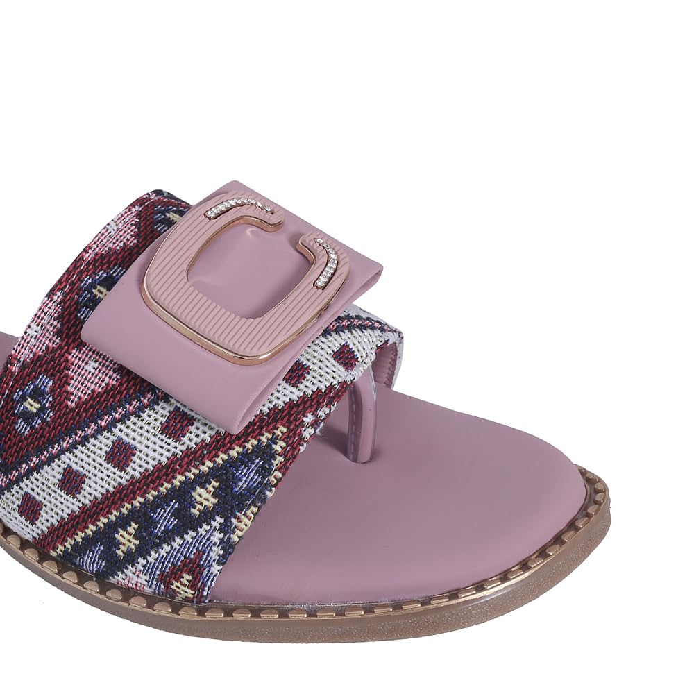 Pluxh Women Printed Toe-Ring Slip-On Sandals with Decorative Buckle | Cushioned Ethnic Casual Flats for Daily |5UK