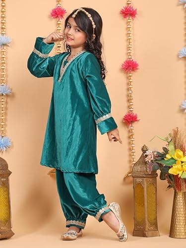 superminis Girls Velvet Lace Work Kurti Duppata and Matching Afgani Ethnic Wear Set (3-4 Years, Green)
