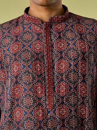 DIWAS BY MANYAVAR Men's Art Silk Digital Ajrakh Block Print Kurta Set (Dark Blue,L)
