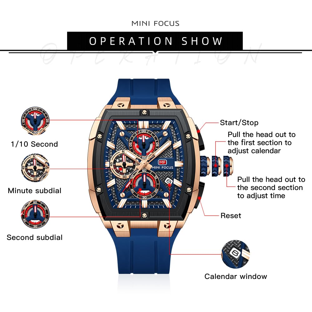 MF MINI FOCUS Men's Quartz Watch Wine Barrel Outdoor Style Curved Mirror Multi-Layer Hollow Men's Watch 0602G, Blue, Modern