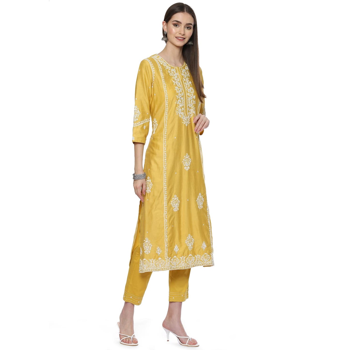 BIBA WOMEN EMBROIDERY NARROW SALWAR KURTA DUPATTA(SKDCHIKANKA8152_YELLOW_34)