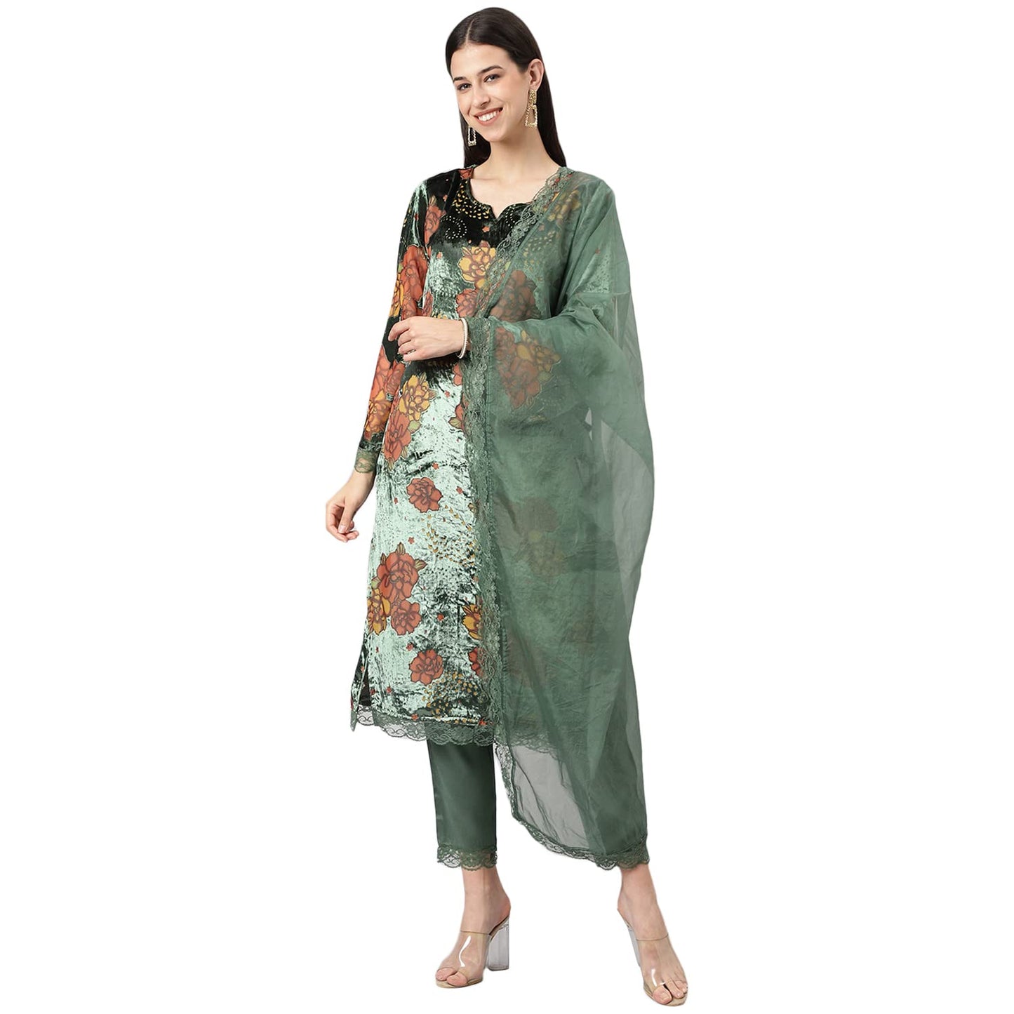 Divena Green Burn out Velvat Kurta Haram Pant with Organza Dupatta
