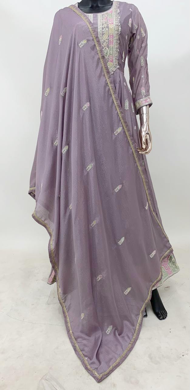 Miss Ethnik Women's Purple Chinon Stitched Top With Dupatta Full Sleeve Embroidered Anarkali Gown (ME-1179-Purple-XXL)