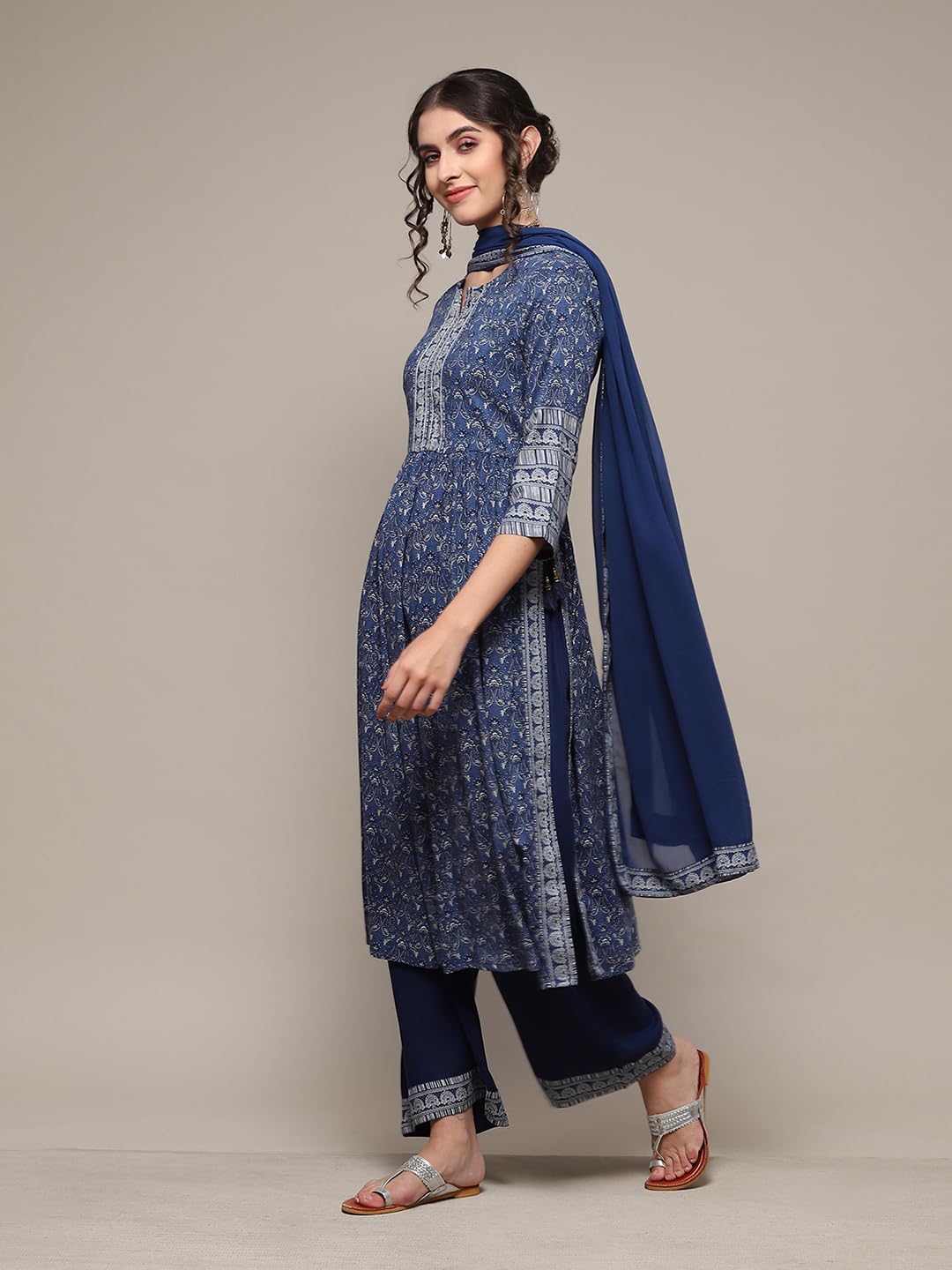 BIBA WOMEN PRINTED STRAIGHT SALWAR KURTA DUPATTA(SKDASSORTED7518_BLUE_36)