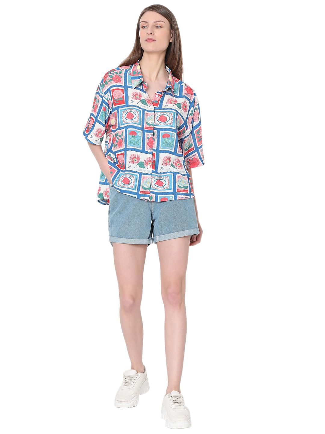 VERO MODA Women Graphic Print Blue Viscose Oversized Shirt