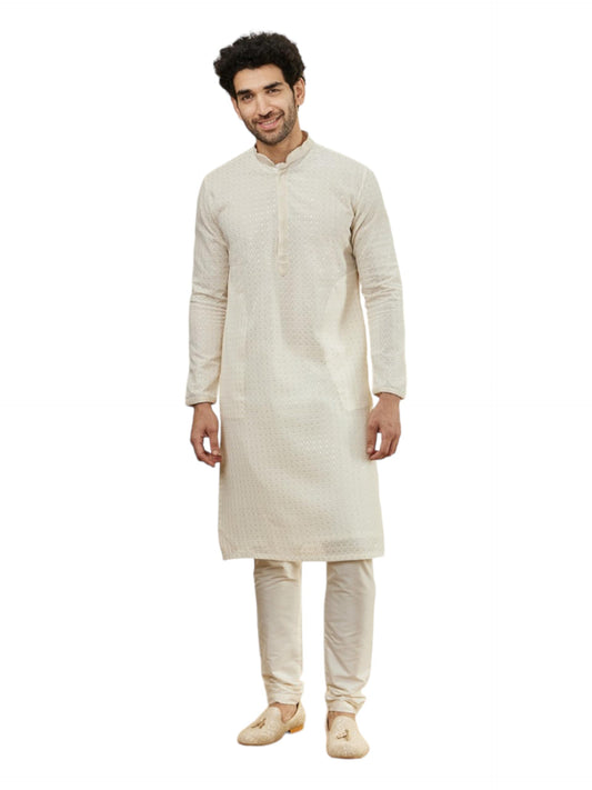 Manyavar Mens Cream Georgette Kurta Pyjama Set
