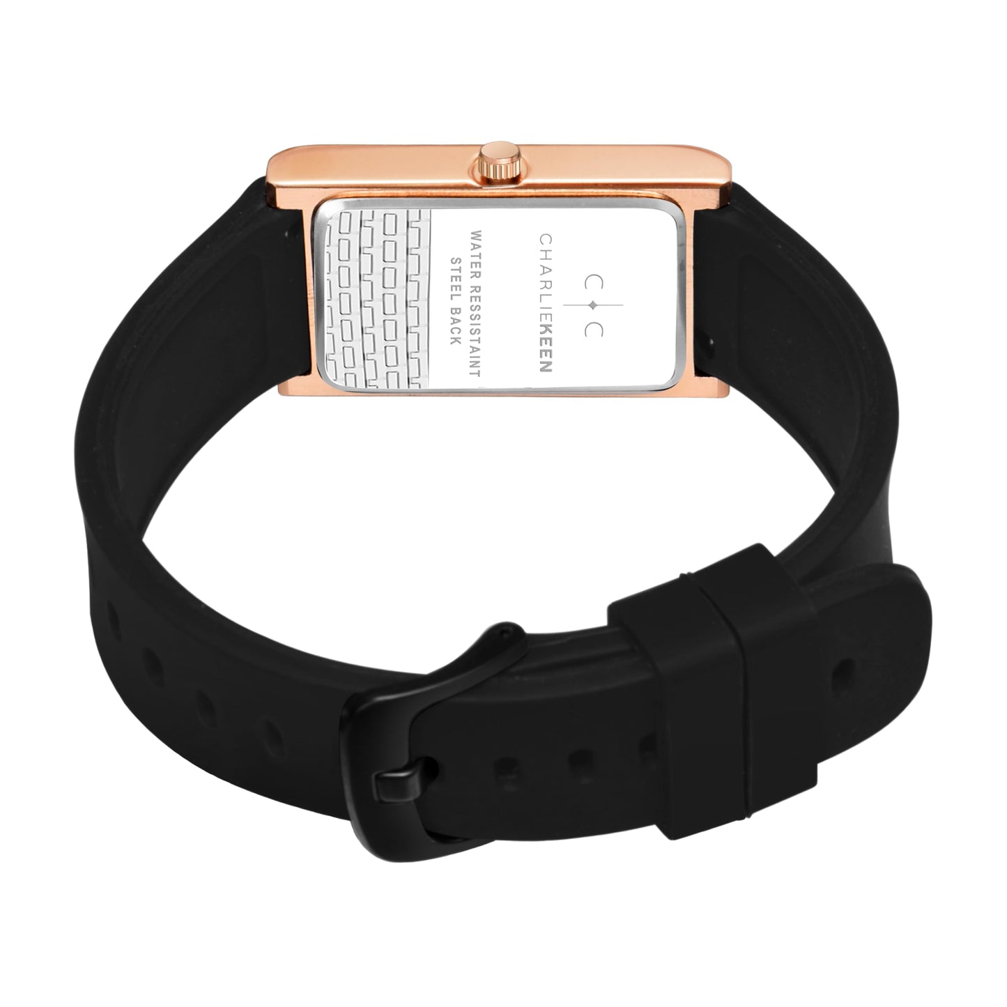 CHARLIEKEEN Slim Analogue Watch, Black Dial, Leather Strap (Rose Gold)