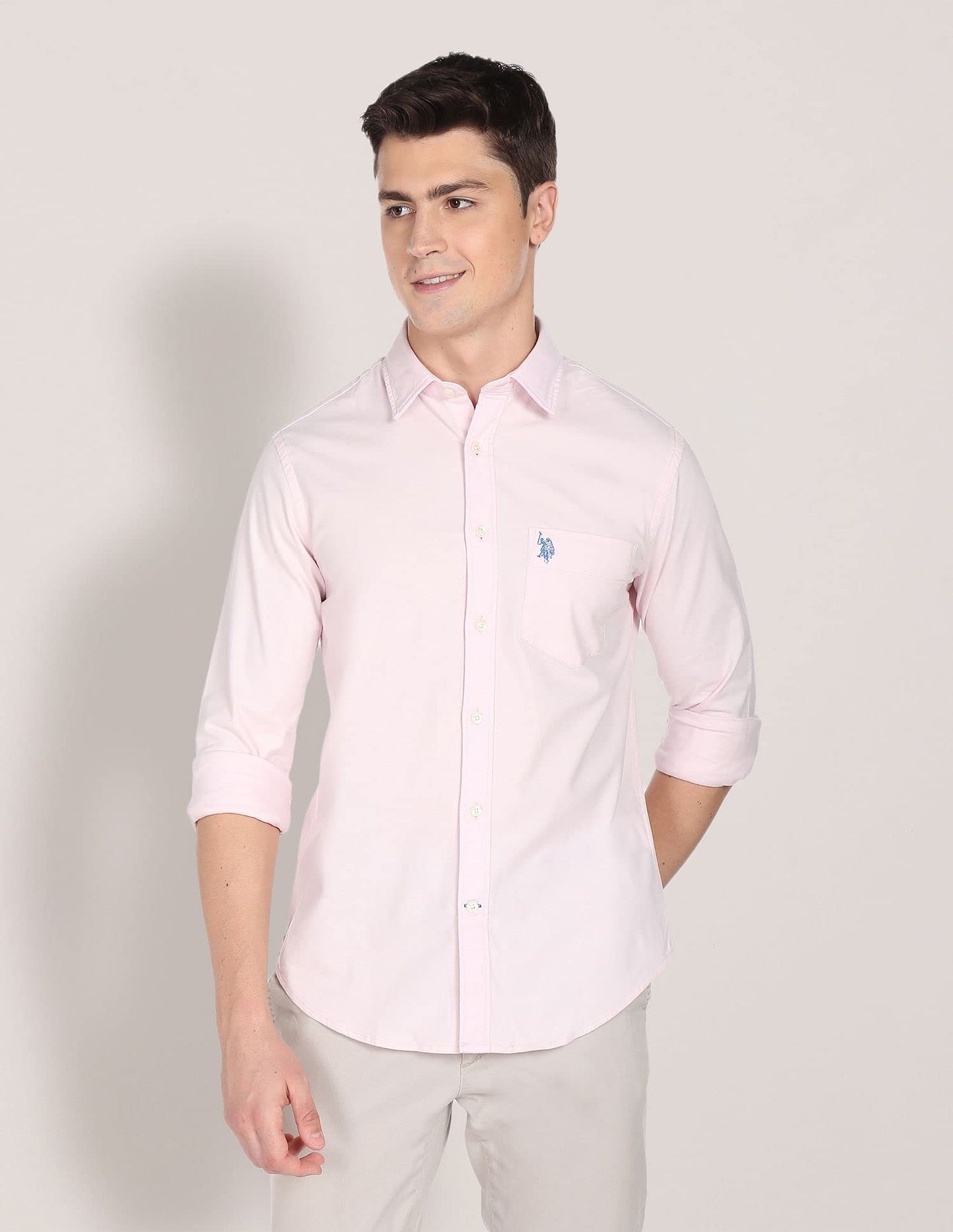 U.S. POLO ASSN. Mens Cotton Solid Oxford Fs Regular Fit Shirts (Usshtfx0014_Pink_Medium)