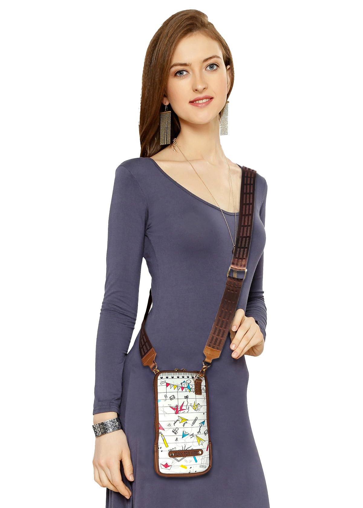 Funk For Hire Womens Leatherette Origami Printed Mobile Holder Sling Bag - White And Brown