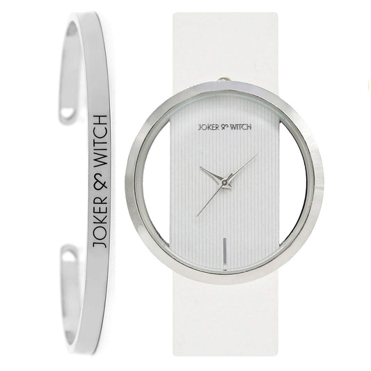 Joker & Witch Synthetic Coeur White And Silver Analog Watch Bracelet Set For Women, Band_Black