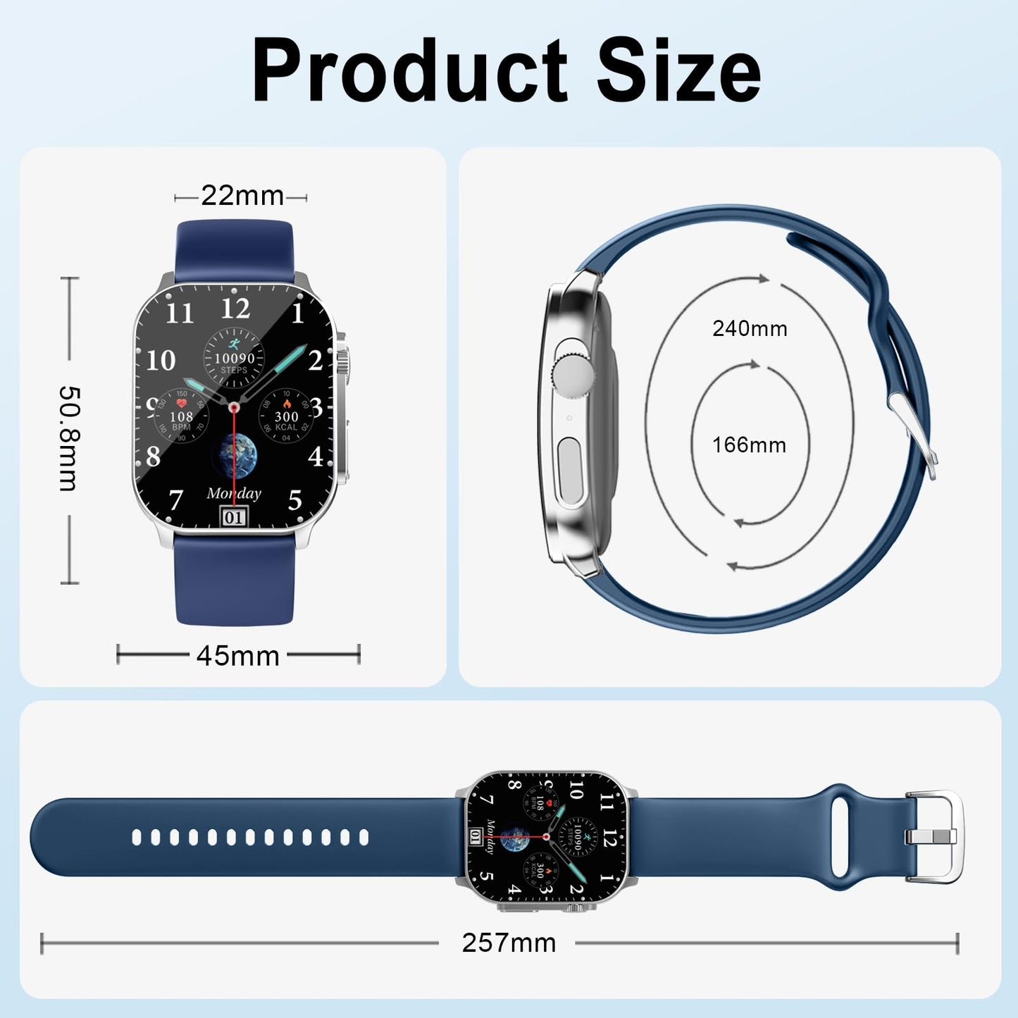 Cillso Smart Watch, 2.01''HD Smart Watch for Women Men, 110+ Sport Modes, Bluetooth Answer/Calls, IP68 Waterproof, Fitness Tracker, Fit for Android and iPhone, Blue