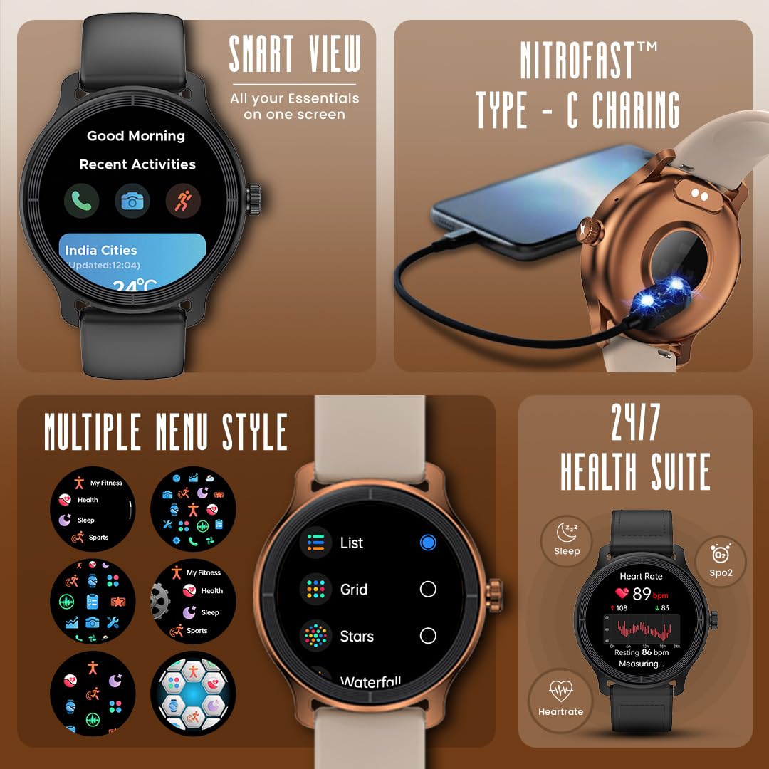 Fastrack Sleek 1.32" AMOLED 42mm Round Display Smart Watch with Silicone Strap, QR Hub, BT Calling, SPO2, Hotkey, Functional Crown, IP68 Water Resistant Upto, 5 Days Battery Life - Onyx Black