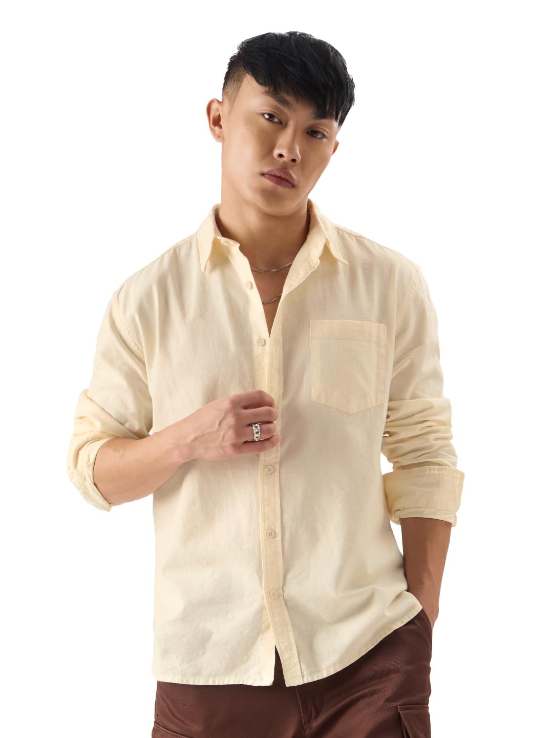 The Souled Store Cotton Linen: Off-White Men and Boys Collared Neck Long Sleeve Regular Fit Cotton Linen Shirts Solid Shirts Casual Button-Down Full Sleeve Casual Workwear Fashionable Stylish