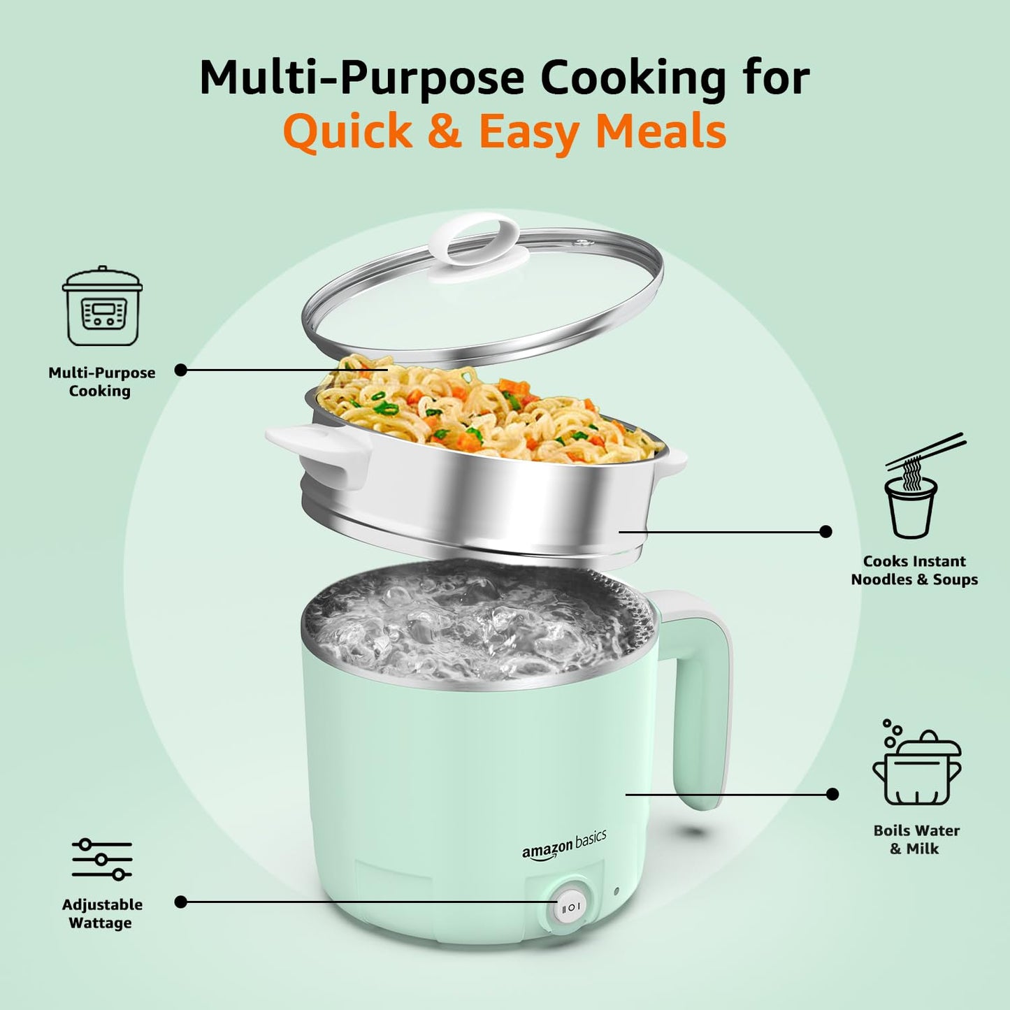 Amazon Basics Multi-Cook Pot Kettle 1.2L | Adjustable Power Modes 325 W and 650 W with 7 - Egg Tray and Steamer | SS 304 Steel | Automatic Overheat Protection | Multipurpose Cooking - Boil Water, tea, Noodles, Steam Rice